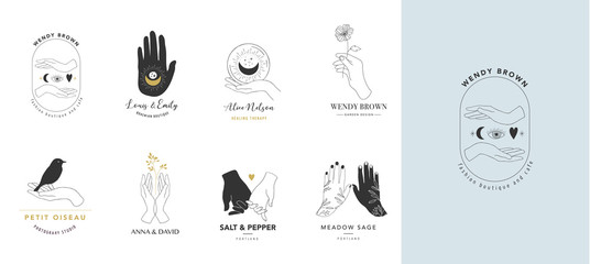 collection of fine, hand drawn style logos and icons of hands. esoteric, fashion, skin care and wedd