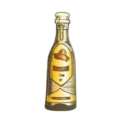 Canvas Print - Traditional Mexican Tequila Drink Bottle Vector. Glass Bottle With Blank Label And Designed Sombrero For Classical Alcohol Drink Produced In Mexico. Vodka Made From Cactus Color Illustration