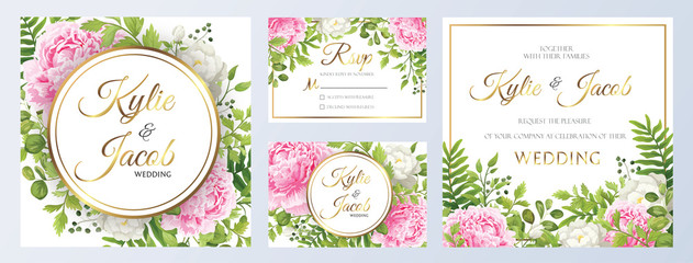 Wall Mural - Gold wedding Invitation, thank you, rsvp card. Floral design with green leaves and pink roses. Vector elegants cute rustic greeting, invite.