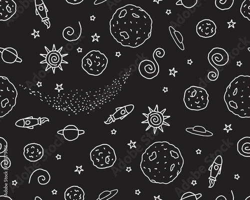 Cotton fabric Doodle seamless pattern Black and white space Planet UFO rocket stars isolated on a black background