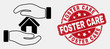 Vector stroke hands care home icon and Foster Care seal stamp. Blue rounded distress seal stamp with Foster Care message. Black isolated hands care home pictogram in line style.