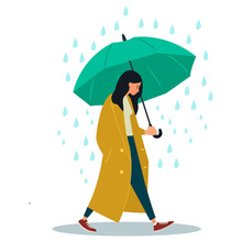 Young woman character walking with umbrella under a rain. Vector illustration on white background in cartoon style