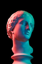 Gypsum Copy Of Ancient Statue Venus Head Isolated On Black Background. Plaster Sculpture Woman Face. Multi Color Toned.