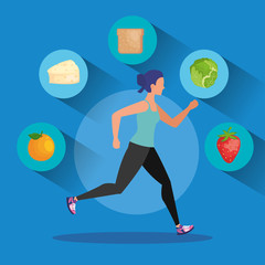 Poster - woman running with fruits and lettuce with cheese and bread