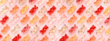 Flat Lay Composition With Delicious Jelly Bears, Jelly Bears Pattern On Pink Background, Panoramic Image