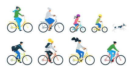 Bicycle riders flat vector illustrations set