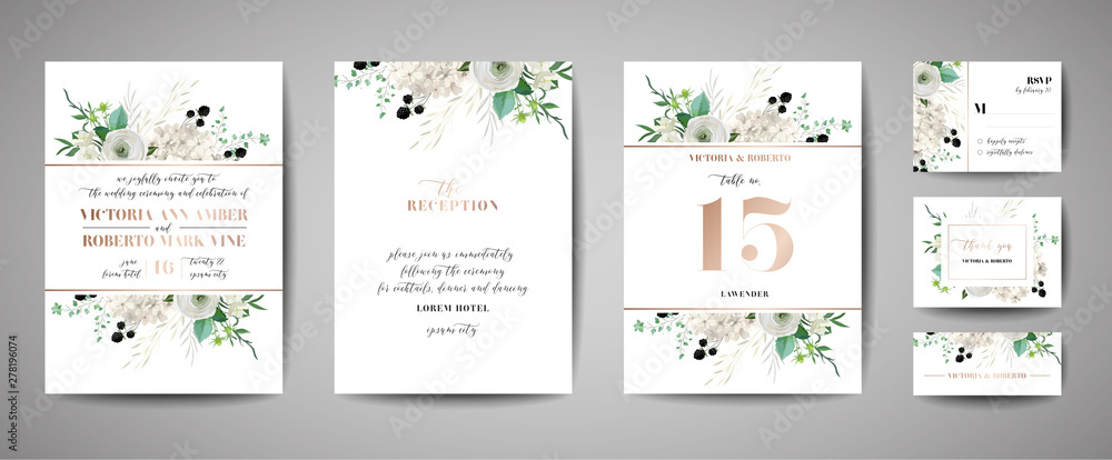 Set of Wedding Invitation, floral invite, thank you, rsvp rustic card design with gold foil decoration. Vector elegant modern template, trendy cover, graphic poster, retro brochure, design template - obrazy, fototapety, plakaty 