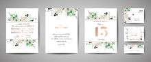 Set Of Wedding Invitation, Floral Invite, Thank You, Rsvp Rustic Card Design With Gold Foil Decoration. Vector Elegant Modern Template, Trendy Cover, Graphic Poster, Retro Brochure, Design Template