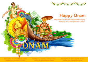 Poster - illustration of colorful Kathakali dancer on background for Happy Onam festival of South India Kerala