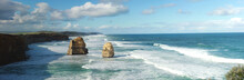 Panoramic Views Of Wild Winter Waves Crashing Against Iconic Australian Sandstone Rock Formations, The Twelve Apostles, Great Ocean Road, Southern Victorian Coast