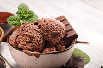 Wall Mural - Chocolate coffee ice cream ball in a bowl. ice cream scoop