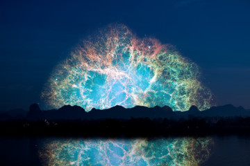 Wall Mural - blur reflection Crabmosaic galaxy nebula back on night cloud sunset sky silhouette tree