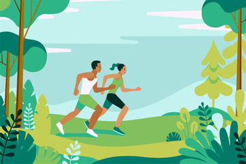 Vector illustration  in simple flat style and characters - man and woman running in the park