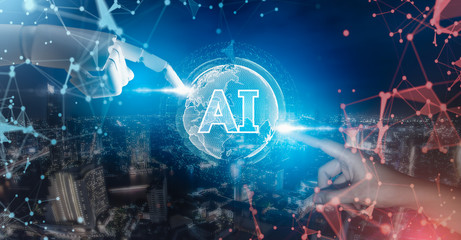 Wall Mural - Artificial intelligence , Robot finger,Big data, robotic future technology and business concept.Robot finger and human hand on blurred background using digital artificial intelligence interface.