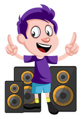 Sticker - Boy with speakers, illustration, vector on white background.