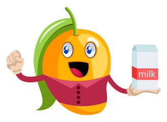 Sticker - Mango holding milk, illustration, vector on white background.