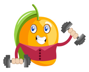 Canvas Print - Mango workout with weights, illustration, vector on white background.