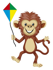 Sticker - Monkey playing with flying kite, illustration, vector on white background.