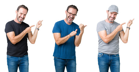 Canvas Print - Collage of handsome senior man over white isolated background Pointing to the back behind with hand and thumbs up, smiling confident