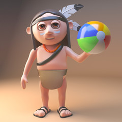 Wall Mural - Cartoon native American Indian playing with a beach ball, 3d illustration