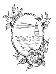 Wall Mural - Vector illustration with lighthouse, sea, peonies. Old school tattoo style