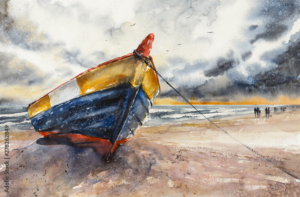 Wooden boat on The Baltic shore Hel Peninsula, Poland. Picture created with watercolors. - obrazy, fototapety, plakaty 
