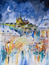 Sleewalker At Winter Night In City. Picture Created With Watercolors.