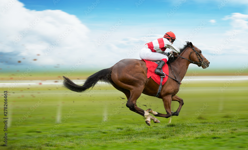 Race horse with jockey on the home straight. Shaving effect. - obrazy, fototapety, plakaty 