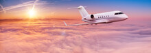Small Private Jetplane Flying Above Beautiful Clouds. Travel And Transportation Concept.