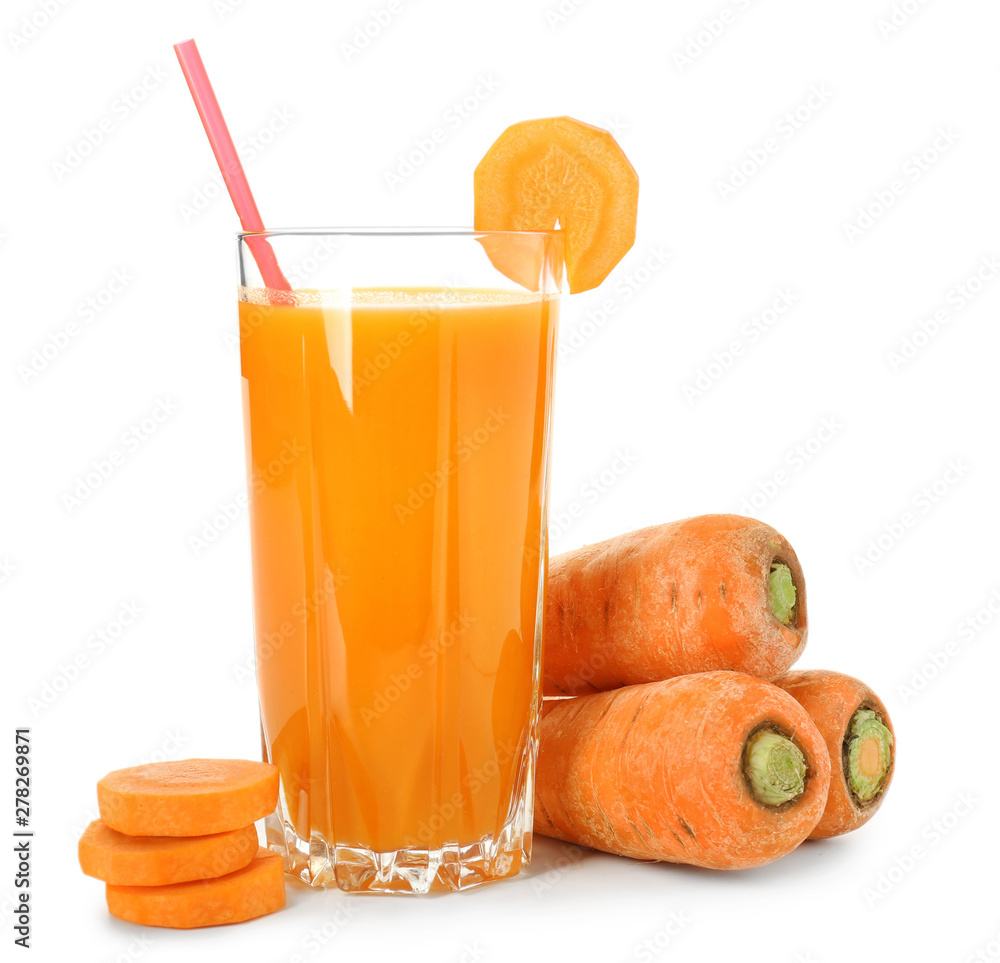 Glass of fresh carrot juice on white background