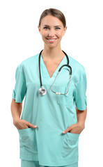 Female nurse with stethoscope on white background