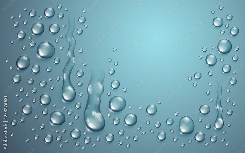 Water drops in shower or pool, condensate or rain droplets realistic transparent vector illustration, easy to put over any background or use droplets separately. - obrazy, fototapety, plakaty 