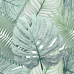 Wall Mural - Seamless pattern with tropical leaf palm . Vector illustration.