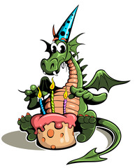 Cartoon style little green dragon with a birthday cake, isolated on white background.