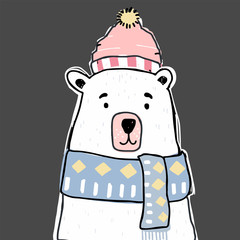 Cute bear character with hat. Vector illustration for birthday invitation,postcard and sticker