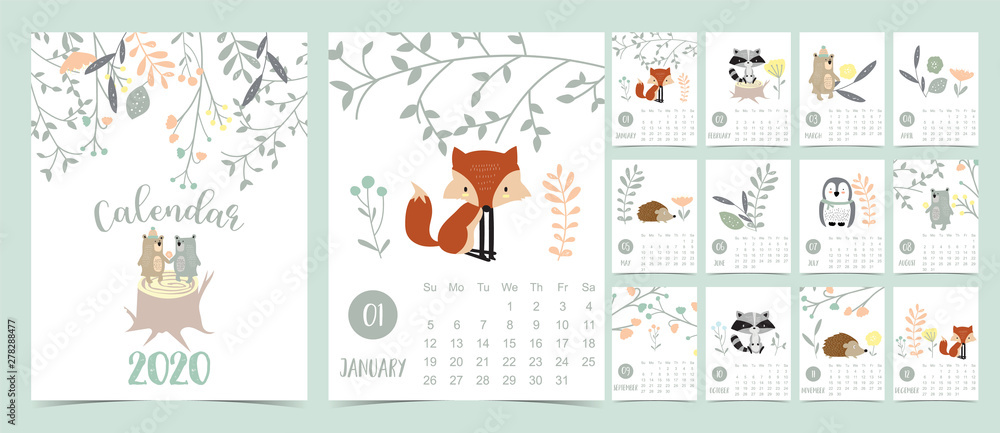 Doodle pastel woodland calendar set 2020 with fox,porcupine,penguin,bear,skunk,flower,leaves for children.Can be used for printable graphic.Editable element - obrazy, fototapety, plakaty 