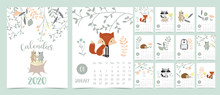 Doodle Pastel Woodland Calendar Set 2020 With Fox,porcupine,penguin,bear,skunk,flower,leaves For Children.Can Be Used For Printable Graphic.Editable Element