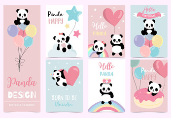 Collection of birthday background set with panda,rainbow,balloon.Editable vector illustration for birthday invitation,postcard and sticker.Wording include hello