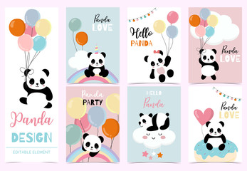 Collection of birthday background set with panda,rainbow,balloon.Editable vector illustration for birthday invitation,postcard and sticker.Wording include hello