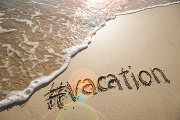 modern travel message for the beach with a social media-friendly hashtag written with the word 
