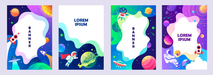 Wall Mural - set of vertical space banners. cosmic children's style. template for diploma, poster, invitation, co