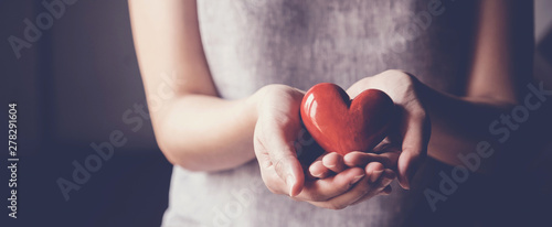 Cuadros en Lienzo Asian woman holding red heart, health insurance, organ donor day, charity concep