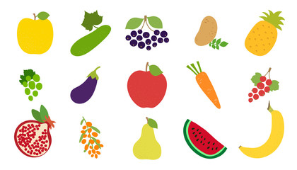 Wall Mural - Vegetable, fruit, berry set. Apple, cucumber, chokeberry, potato, pineapple, grape, eggplant, carrot, currant, garnet, sea ​​buckthorn, pear, watermelon, banana. Vector sketch. Healthy food collection