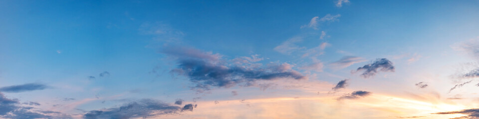 Dramatic panorama sky with cloud on sunrise and sunset time. Panoramic image.