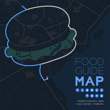 Food Guide Direction Map Travel With Icon Concept, Road Hamburger Shape Design In Nighttime Mode Illustration Isolated On Grey Background With Copy Space, Vector Eps 10