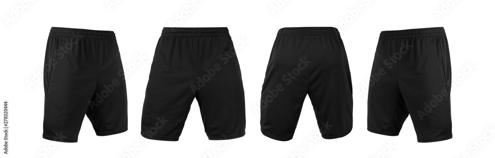 Blank black shorts pant mock up template, front and back and side view, isolated on white background with clipping path. - obrazy, fototapety, plakaty 