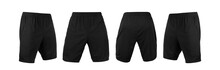 Blank Black Shorts Pant Mock Up Template, Front And Back And Side View, Isolated On White Background With Clipping Path.