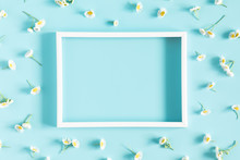 Beautiful Flowers Composition. Blank Frame For Text, Spring And Summer Chamomile White Flowers On Pastel Blue Background. Flat Lay, Top View, Copy Space