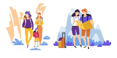 Wall Mural - tourism travelers couple and family traveling journey or trip