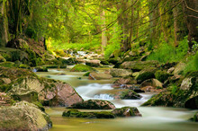 Langzeitbelichtung Gewässer Im Erzgebirge An Der Bockau, Fluss Mit Steinen, Wald, Lichtstimmung